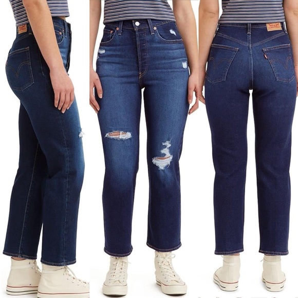 Levis Womens Ribcage Straight Ankle Jeans Dark Indigo Destructed High Rise Jeans - Picture 5 of 5